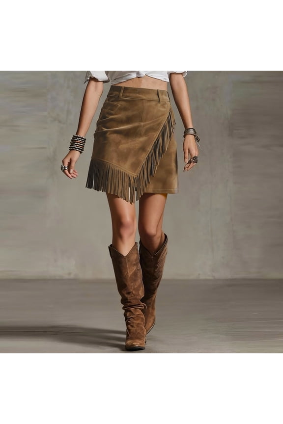 Women's Retro Western Jeans Mini Skirt High Waisted Stretchy Bodycon Fringe Solid Fitted Summer Cowlgirl Short Skirts