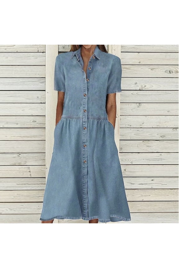 Women's V Neck Button Front Denim Short Sleeve Dress - Casual Comfortable Dress for Everyday Wear and Simple Style