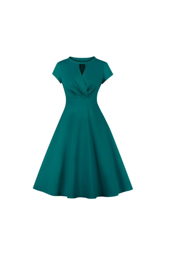 Women's Round Neck Hepburn Style Solid High Waist Flared Party Dress - Classic Retro Dress for Formal Dances, Special Events and Elegant Occasions