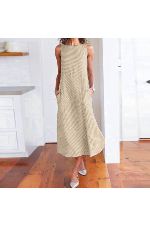 Women's Round Neck Sleeveless Print Dress - Casual Summer Dress for Warm Weather Outings, Seasonal Activities and Easy Everyday Style