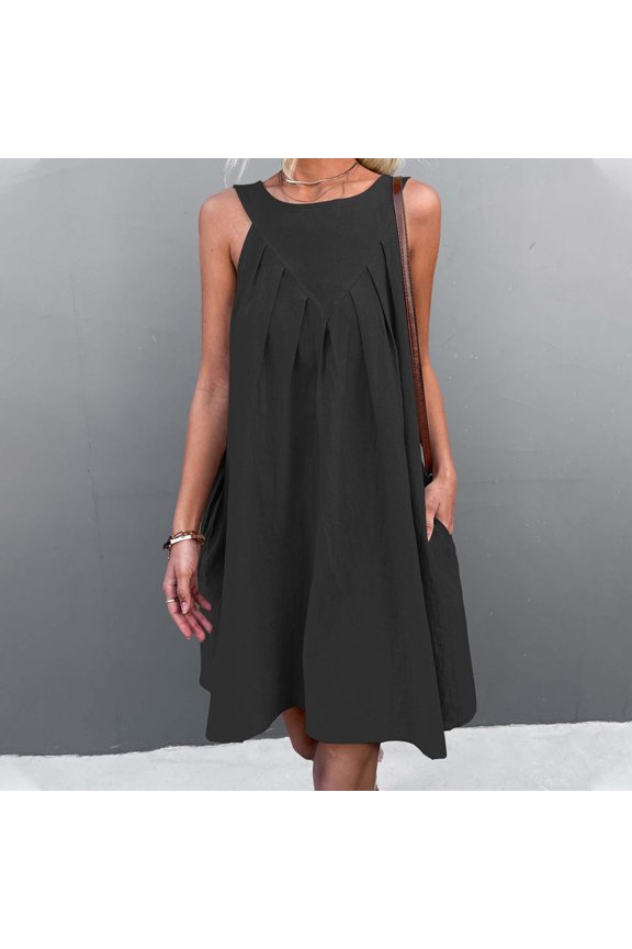 Women's Round Neck Sleeveless Solid Color Dress - Simple Versatile Design for Everyday Wear and Easy Style