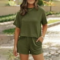 thumbnail image 1 of Nuoqisi Women's Round Neck Striped Short Sleeve Top Solid Color Elastic Waist Shorts Set&nbsp;- Coordinated Casual Two-Piece Outfit for Everyday Comfort and Relaxed Summer Style, 1 of 3