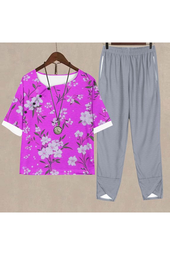 Women's Sets Casual Short Sleeve T-Shirts Round Neck Cute Tunic Tops Basic Blouses and Pants Suits Business Work