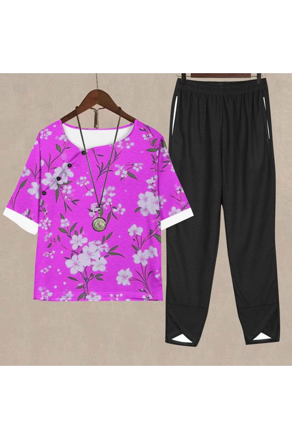 Women's Sets Casual Short Sleeve T-Shirts Round Neck Cute Tunic Tops Basic Blouses and Pants Suits Business Work