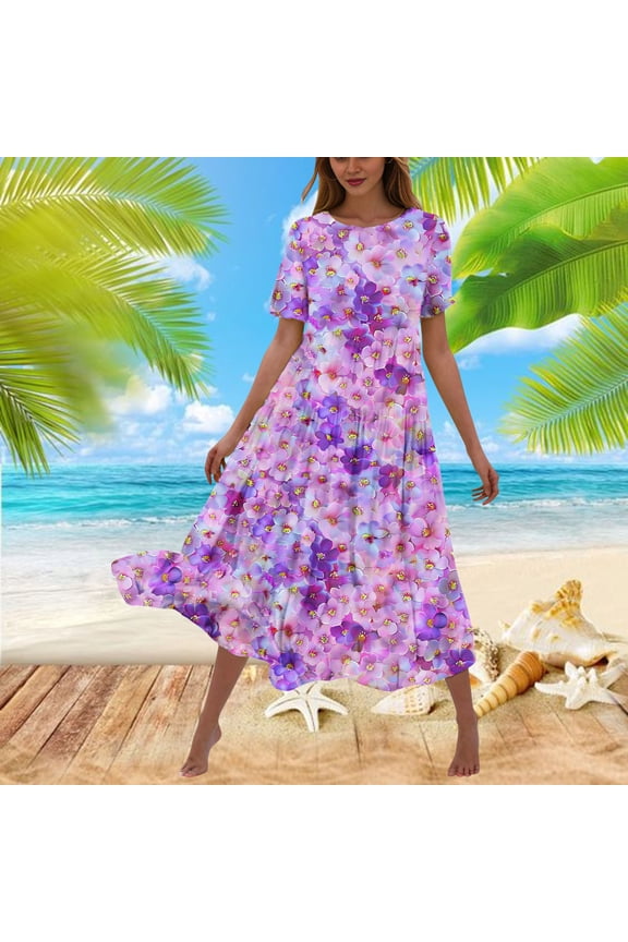Women's Short Sleeve Round Neck Midi Dress Floral Print Tiered Dress - Feminine Layered Silhouette with Botanical Pattern for Spring and Summer