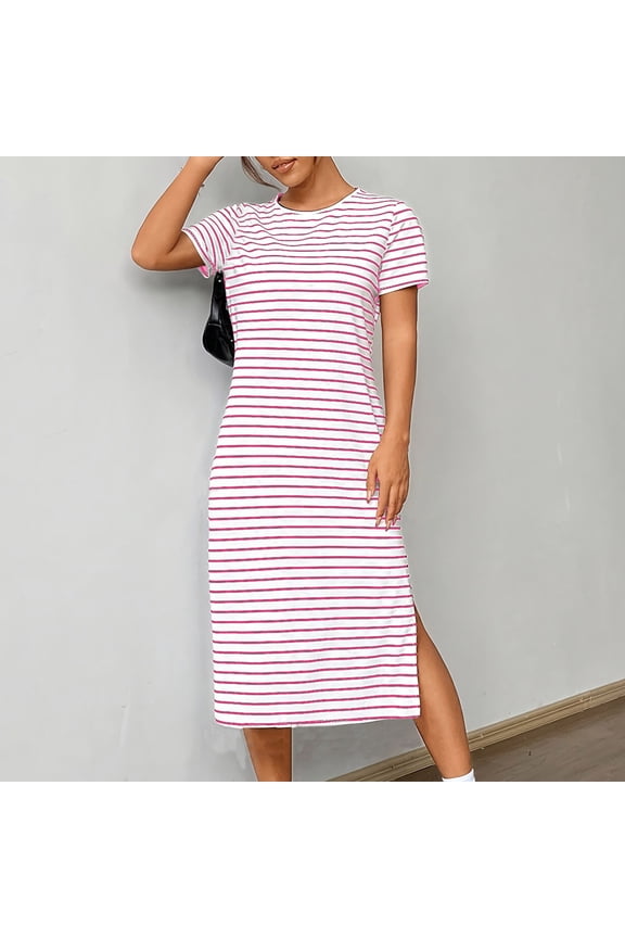 Women's Short Sleeve Side Split Maxi Dress 2026 Summer Casual Striped Long T Shirt Dresses Streetwear Fashion Clothes