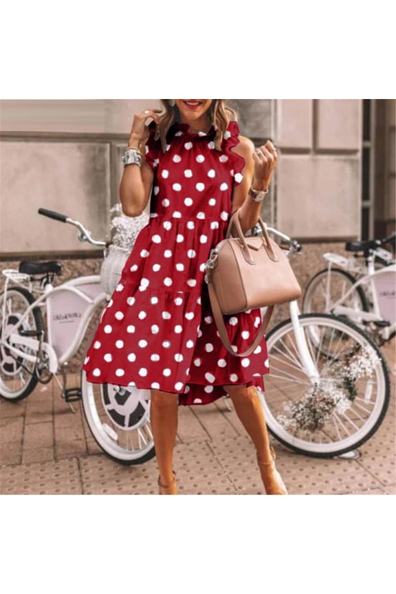 Women's Sleeveless Lace Trim Large Polka Dot Mini Dress&nbsp;- Playful Short Dress for Casual Events, Daytime Outings and Fun Style