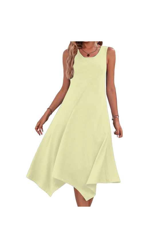 Women's Sleeveless Round Neck Solid Color Casual Asymmetric A-Line Long Dress - Flowing Maxi Silhouette with Modern Hem for Effortless Everyday Elegance