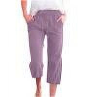Nuoqisi Women's Solid Color Drawstring Linen Casual Loose Wide Straight Leg Cropped Pants with Pockets - Breathable Capri Trousers for Relaxed Summer Comfort