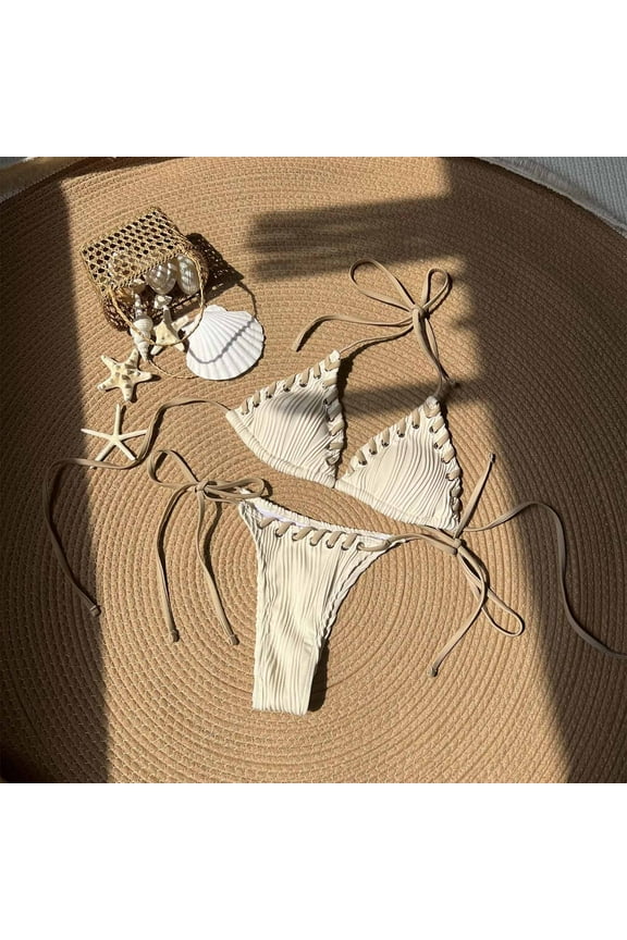 Women's Solid Color Fashion Bikini Two-Piece Tie Detail Swimsuit Set - Coordinated Separates with Adjustable Design for Poolside Style and Versatile Beach Wear