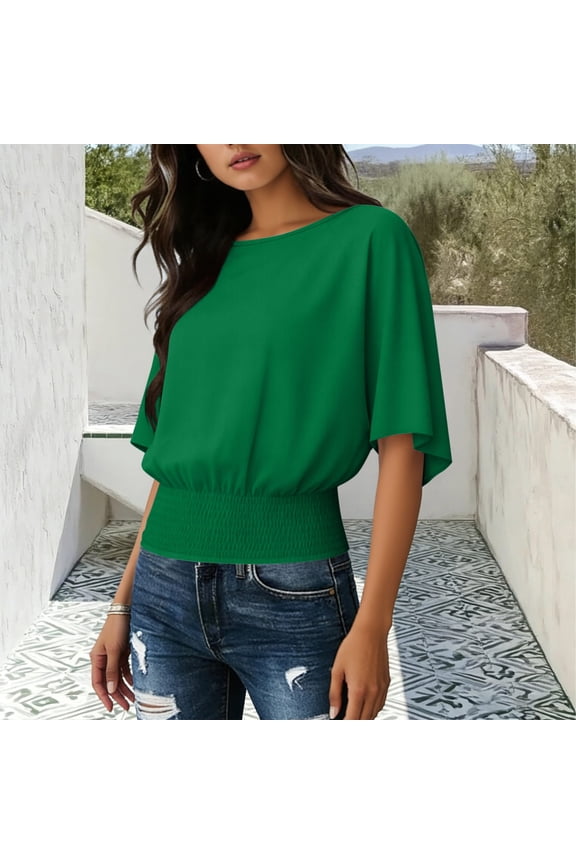 Women's Solid Color Fashion Loose Plus Size Casual Short Sleeve Shirred Hem Stretch Round Neck T-Shirt Top - Comfortable Tee with Textured Detail for Everyday Wear