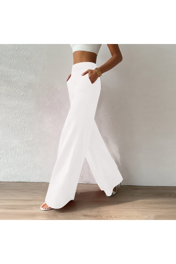 Women's Solid Color Gabardine Casual Elastic Waist Wide Leg Pants - Sporty Pocket Trousers for Relaxed Everyday Wear and Active Style