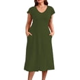 thumbnail image 1 of Nuoqisi Women's Solid Color Lace Trim Short Sleeve Round Neck Midi Dress - Feminine Dress with Delicate Details, 1 of 8