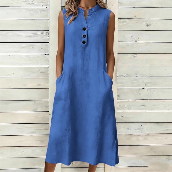 Nuoqisi Women's Solid Color Loose Casual Linen Sleeveless V-Neck Button Front Dress - Tank Style Midi Dress for Summer