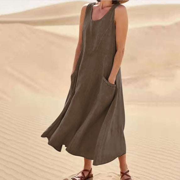 Nuoqisi Women's Solid Color Sleeveless Linen Long Dress - Breathable Natural Fiber Maxi Silhouette for Effortless Summer Elegance