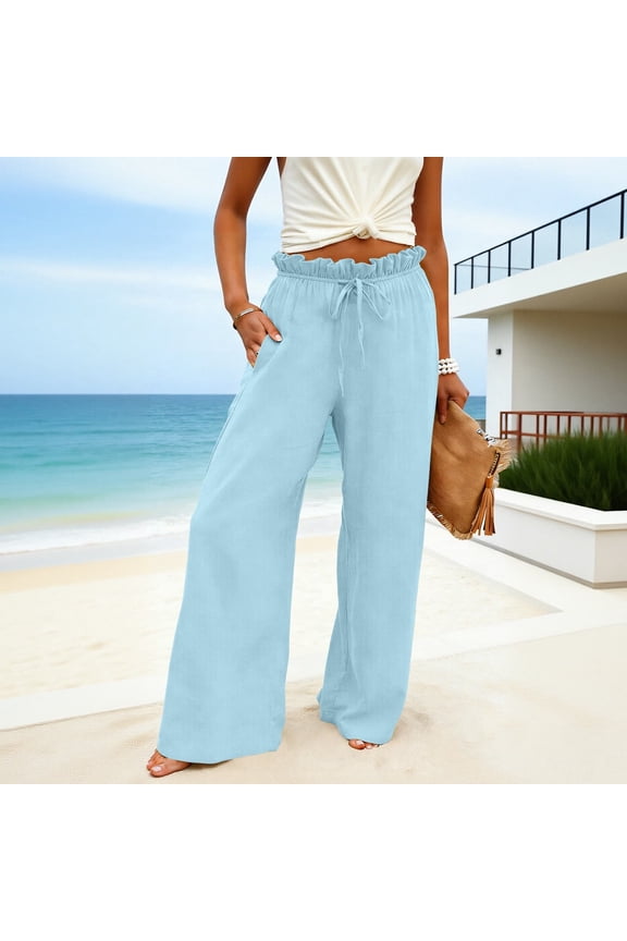 Women's Solid Cotton Ruffle Waistband Loose Wide Leg Casual Pants - Relaxed Fit Trousers with Feminine Detail for Comfortable Everyday Wear