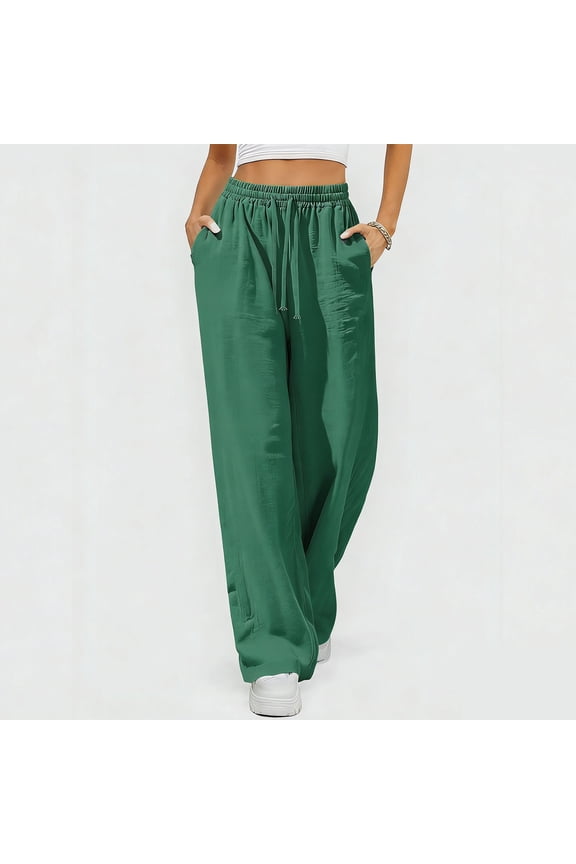 Women's Solid Drawstring Pleated Linen Pocket Casual Long Pants - Relaxed Trousers for Office and Vacation, Pants for Women