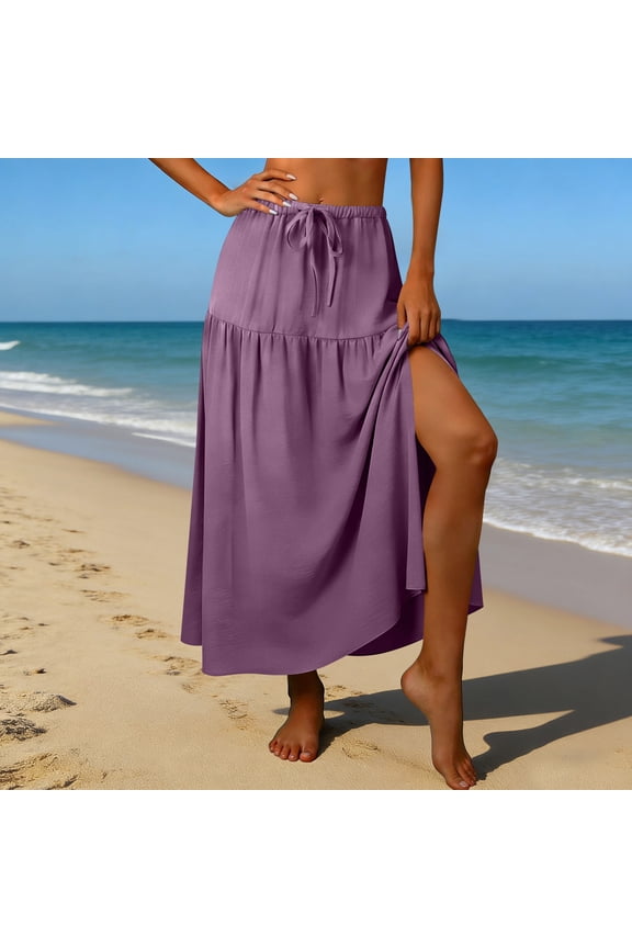 Women's Solid Ice Silk Crinkle Slit Long Midi Skirt - Flowy Maxi Skirt for Beach and Vacation, Pants for Women