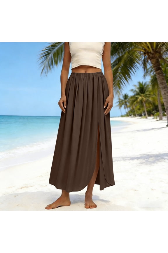 Women's Solid Ice Silk Crinkle Slit Long Midi Skirt - Flowy Maxi Skirt for Everyday Style, Pants for Women