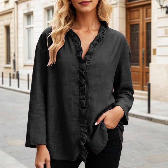 Nuoqisi Women's Solid Linen Long Sleeve Lace-Up Front Button Cardigan Blouse - Casual Loose Fit Top for Layering