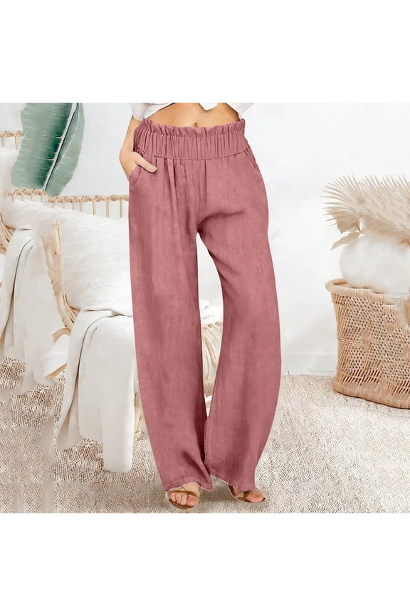 Women's Solid Linen Loose Wide Leg Casual Pants - Breathable Relaxed Fit Trousers for Warm Weather Comfort and Effortless Style