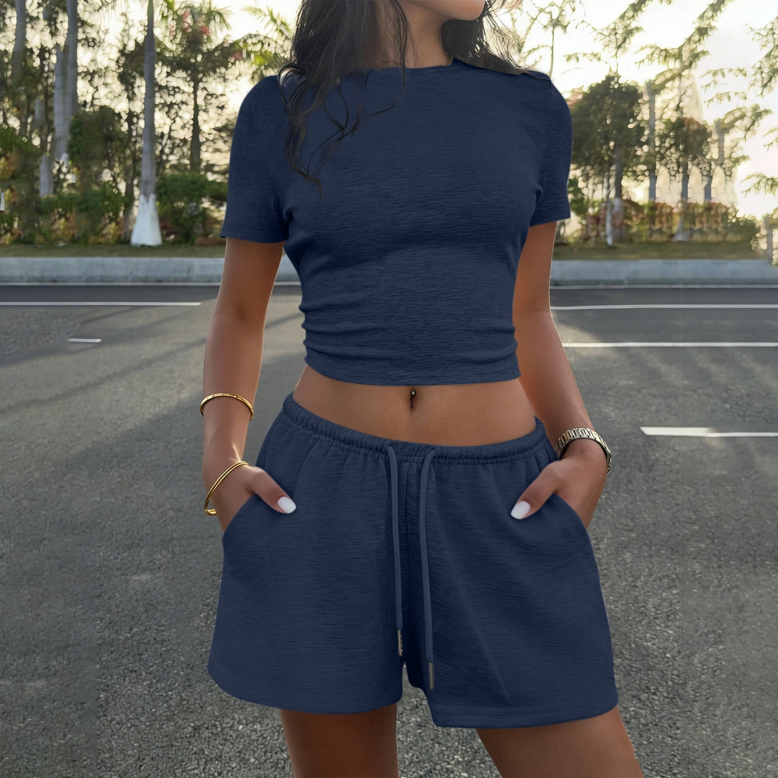 Women's Solid Round Neck Short Sleeve Fitted Drawstring Two-Piece Set - Casual Matching Outfit for Home and Daily Wear, Pants for Women