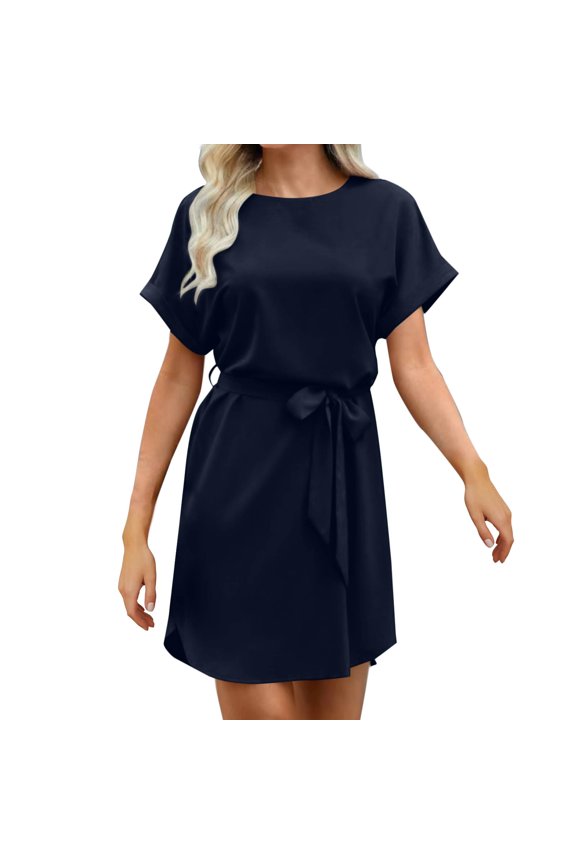 Women's Solid Round Neck Short Sleeve Tie Waist-Cinching Satin Slit Dress - Elegant Midi Dress for Parties, Pants for Women