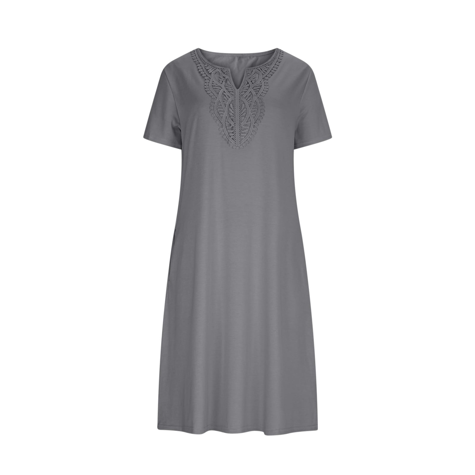 Nuoqisi Women's Solid Short Sleeve V-Neck Lace Panel Dress - Feminine ...