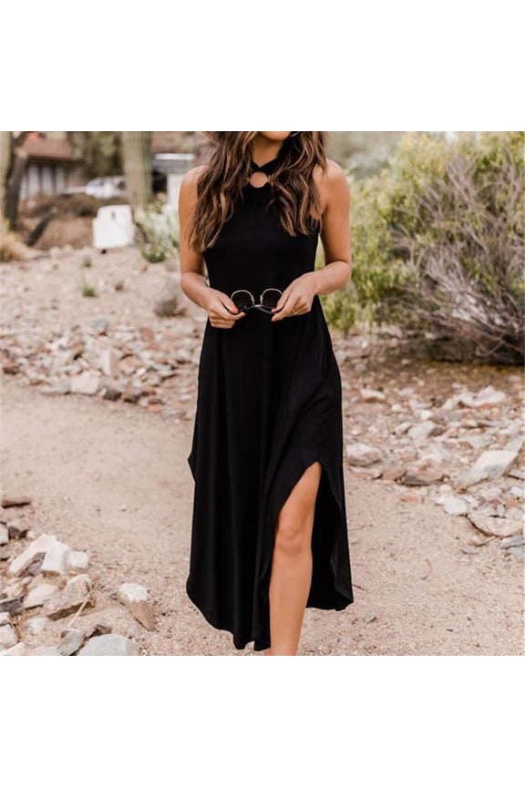 Women's Spring Casual Solid Color Sleeveless Asymmetric Hem Halter Dress - Modern Design with Unique Silhouette for Trendy Outings