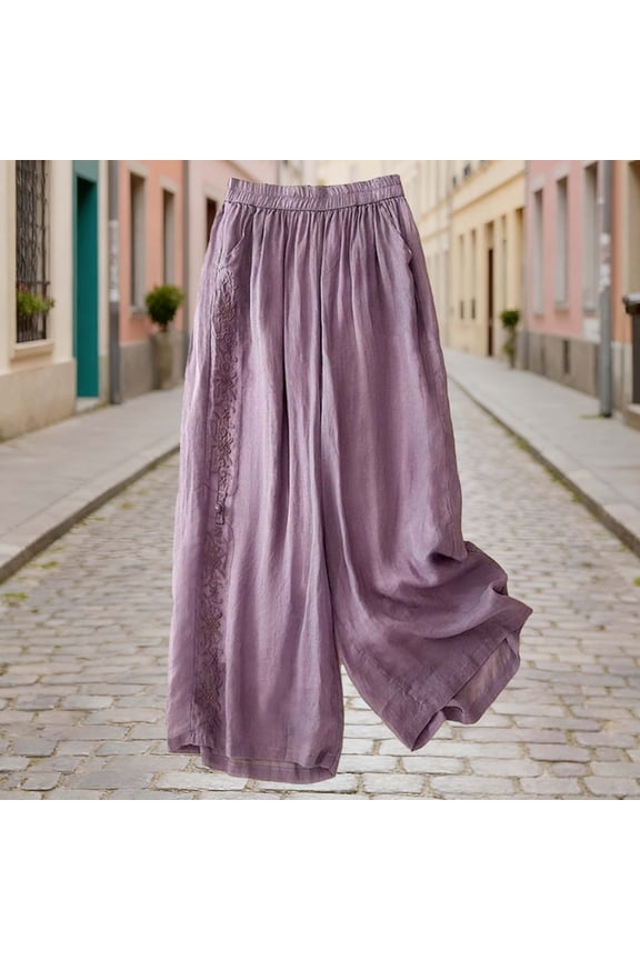 Women's Spring Summer Casual Fashion Linen-Look Embroidered Loose 9/4 Length Wide Leg Pants - Artistic Detail Pants for Seasonal Comfort and Bohemian Style