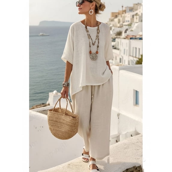 Nuoqisi Women's Spring Summer Casual Round Neck Short Sleeve Top and Pants Solid Color Set - Coordinated Outfit for Easy Summer Styling