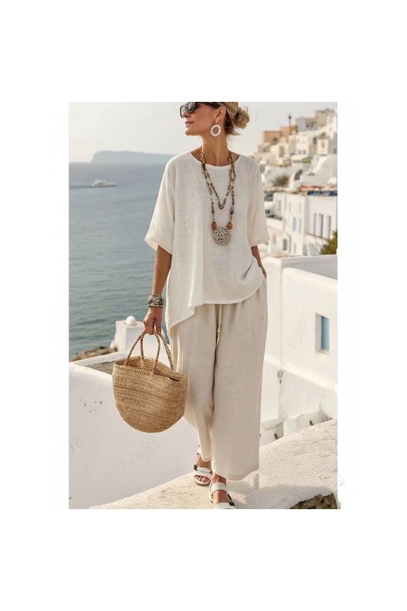 Women's Spring Summer Casual Round Neck Short Sleeve Top and Pants Solid Color Set - Coordinated Outfit for Easy Summer Styling