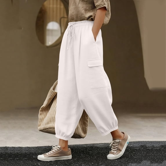 Nuoqisi Women's Spring Summer Elastic Waist Drawstring Linen Cargo Cuffed Cropped Pants - Functional Cropped Trousers for Casual Adventure Style