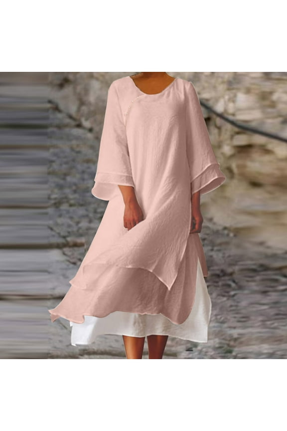 Women's Spring Summer Round Neck Solid Color Linen Casual Pocket Long Sleeve Dress - Breathable Natural Fabric Silhouette with Functional Storage for Comfort