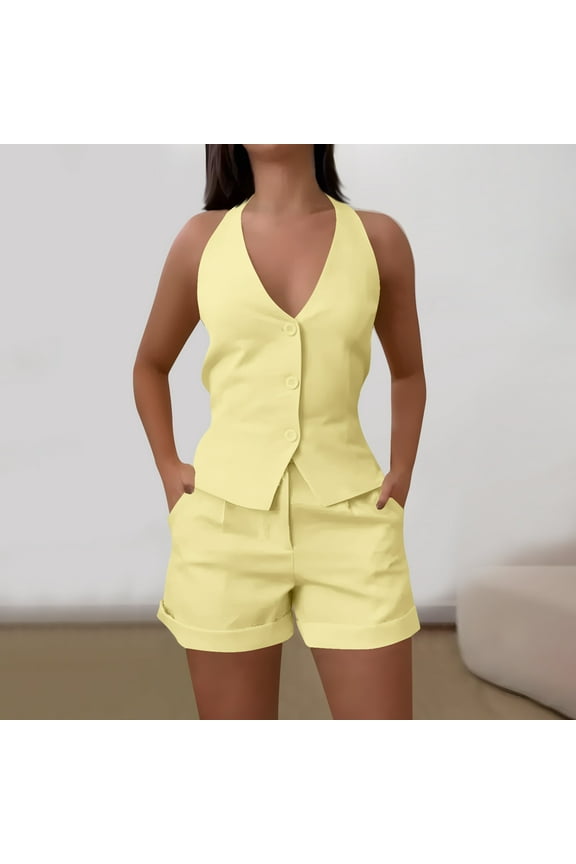 Women's Summer 2 Piece Blazer Outfits Sleeveless Halter Vest Shorts Sets Work Casual Business Vacation Outfits 2026