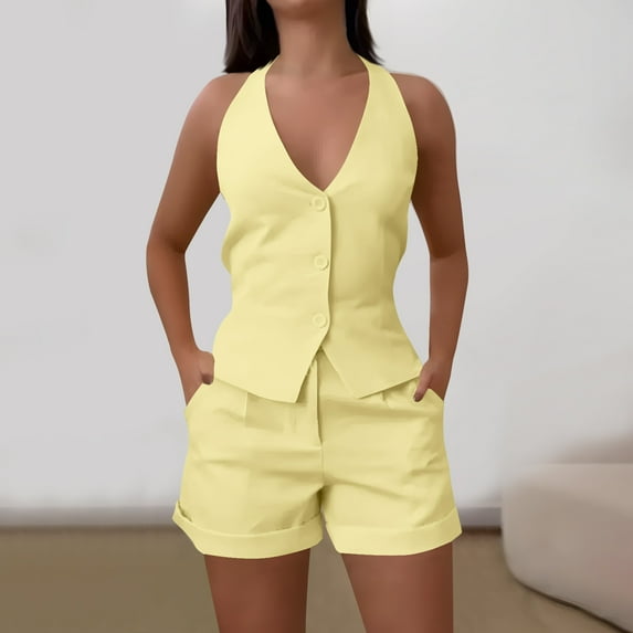 Nuoqisi Women's Summer 2 Piece Blazer Outfits Sleeveless Halter Vest Shorts Sets Work Casual Business Vacation Outfits 2026
