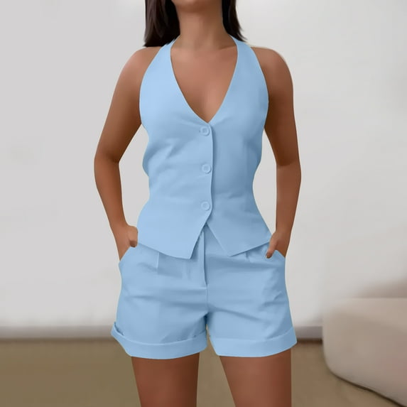 Nuoqisi Women's Summer 2 Piece Blazer Outfits Sleeveless Halter Vest Shorts Sets Work Casual Business Vacation Outfits 2026