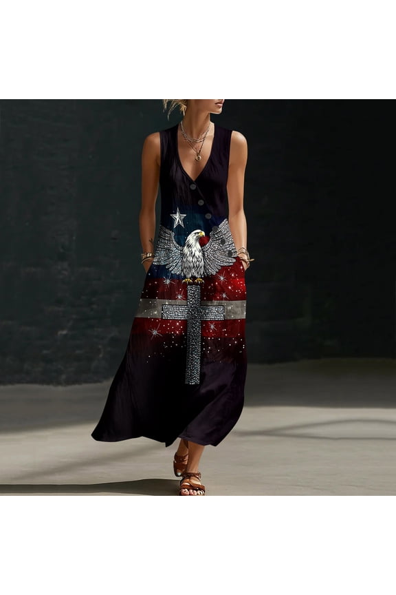 Women's Summer Designer Print Casual Sleeveless V-Neck Dress - Flowy Tank Midi Dress for Beach and Vacation, Pants for Women