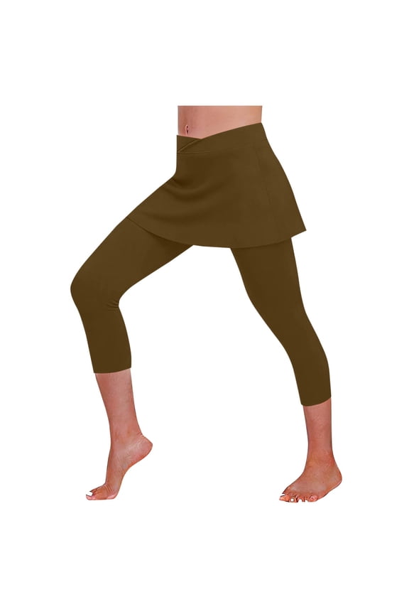 Women's Summer Fashion Fake Two-Piece Skirted Leggings Cross Elastic Waist Sport Yoga Cropped Pants - Illusion Design Capri Active Bottoms for Versatile Athleisure Style