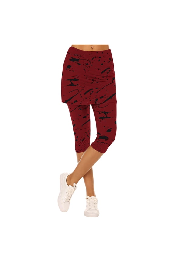 Women's Summer Fashion Random Print Fake Two-Piece Skirted Yoga Cropped Pants - Illusion Design Capri Leggings for Active Wear and Athleisure Style
