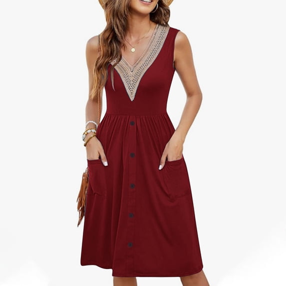 Nuoqisi Women’s Summer Floral Dress - Sleeveless V-Neck A-Line Sundress Casual Spring Dress with Pockets