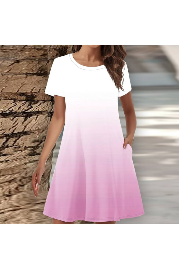 Women's Summer Gradient Double Pocket Short Sleeve Round Neck T-Shirt Dress - Color Transition Sweatshirt Silhouette with Functional Storage for Casual Style