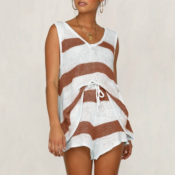Nuoqisi Women's Summer Lounge Sets Knit 2 Piece Outfits Vacation Beach Tank Tops and Shorts Loungewear Pajama Set