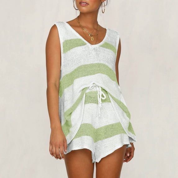 Nuoqisi Women's Summer Lounge Sets Knit 2 Piece Outfits Vacation Beach Tank Tops and Shorts Loungewear Pajama Set
