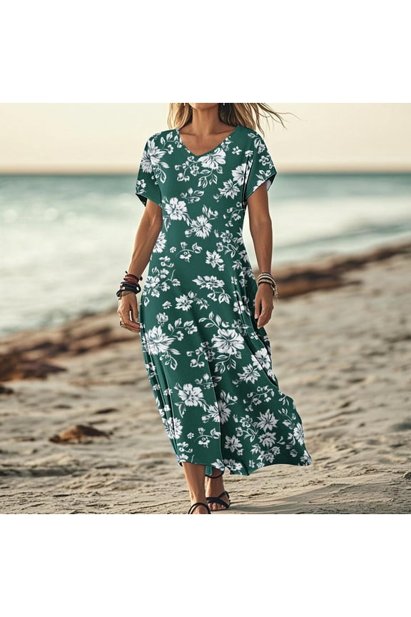 Women's Summer Printed Short Sleeve V-Neck Long Dress - Flowing Maxi Silhouette with Vibrant Pattern for Extended Summer Evenings