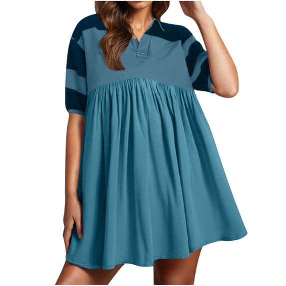 Nuoqisi Women's Summer Short Sleeve Panel V-Neck Babydoll Shirt Dress - Flowy Mini Dress with Structured Collar