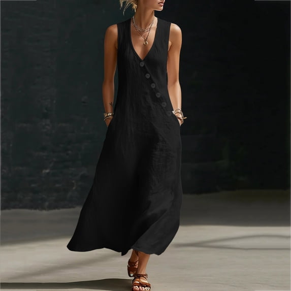 Nuoqisi Women's Summer Sleeveless Cotton Button Down Tank Dress Loose A-Line Tiered Tunic Beach Dress