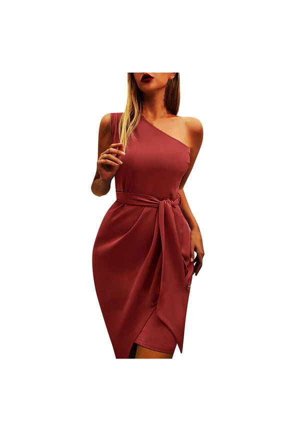 Women's Summer Solid Color Sleeveless Asymmetric Shoulder Tie-Detail Evening Dress - Elegant Gown with Unique Neckline for Formal Events