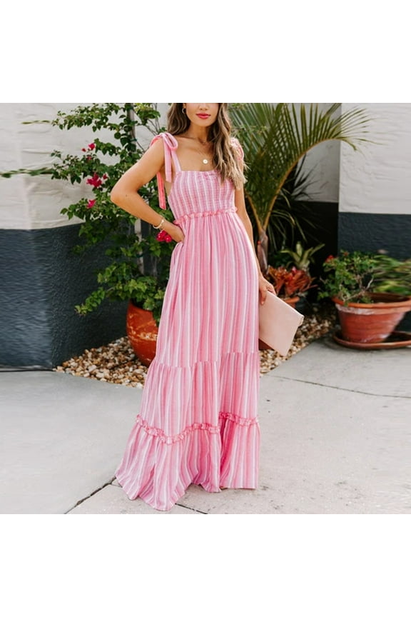 Women's Summer Strap Dress with Stripe Print Long Sleeveless Design - Casual Flowy Dress for Daytime Outings and Seasonal Comfort