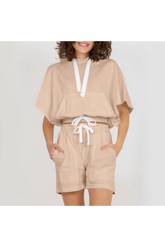 Women's Two Piece Outfits Color Block Lounge Sets Casual Short Sleeve Pullover Tops Matching Shorts with Drawstring Pockets